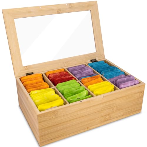 Guolich Teebox, 8 FächerTeebeutel Aufbewahrungsbox Aus Bambus, Teekiste,Teeboxen für Teebeute, Sichtfenster,Kaffee & Teebeutel Organizer,Kitchen Storage & Organisation, Natur von Guolich