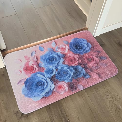 Badematte 40X60Cm Blaue Blume Mikrofaser Badvorleger Fußmatte Badteppich Super Saugfähig Badezimmerteppich,Badematte rutschfest Waschbar,Badteppich Für Dusche Badewannen von Guoshuai