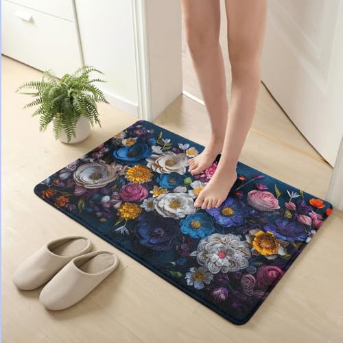 Badematte 40X60Cm Blaue Gelbe Blumen Mikrofaser Badvorleger Fußmatte Badteppich Super Saugfähig Badezimmerteppich,Badematte rutschfest Waschbar,Badteppich Für Dusche Badewannen von Guoshuai
