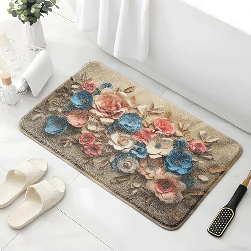 Badematte 40X60Cm Blaue Weiße Blumen Mikrofaser Badvorleger Fußmatte Badteppich Super Saugfähig Badezimmerteppich,Badematte rutschfest Waschbar,Badteppich Für Dusche Badewannen von Guoshuai