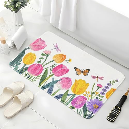 Badematte 40X60Cm Blumen Schmetterlinge Mikrofaser Badvorleger Fußmatte Badteppich Super Saugfähig Badezimmerteppich,Badematte rutschfest Waschbar,Badteppich Für Dusche Badewannen von Guoshuai