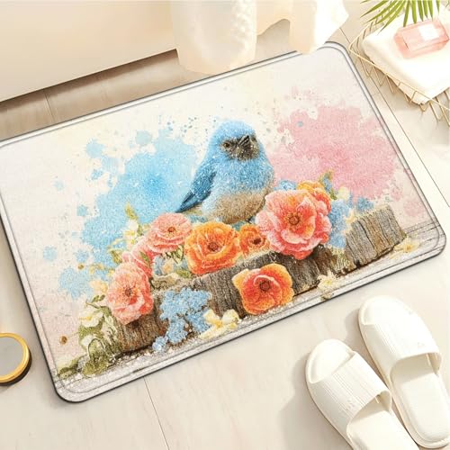 Badematte 40X60Cm Orangeblaue Blumen Mikrofaser Badvorleger Fußmatte Badteppich Super Saugfähig Badezimmerteppich,Badematte rutschfest Waschbar,Badteppich Für Dusche Badewannen von Guoshuai
