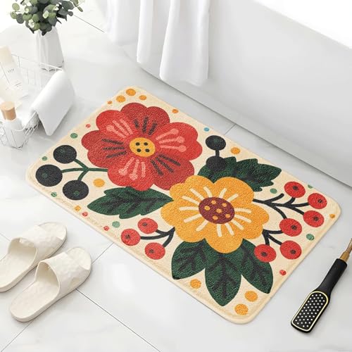 Badematte 40X60Cm Rote Und Gelbe Blumen Mikrofaser Badvorleger Fußmatte Badteppich Super Saugfähig Badezimmerteppich,Badematte rutschfest Waschbar,Badteppich Für Dusche Badewannen von Guoshuai