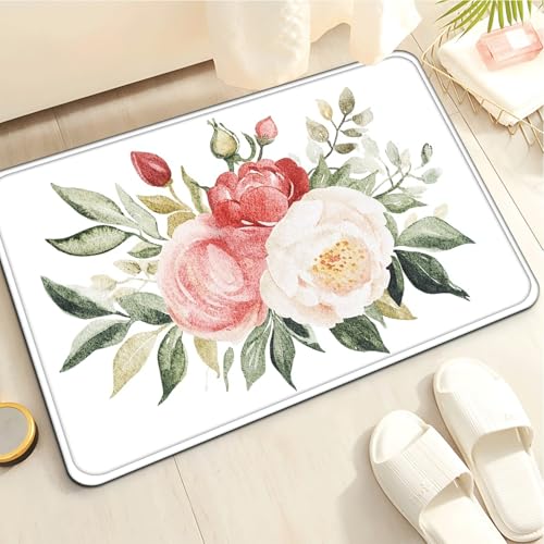 Badematte 40X60Cm Rote Und Weiße Blumen Mikrofaser Badvorleger Fußmatte Badteppich Super Saugfähig Badezimmerteppich,Badematte rutschfest Waschbar,Badteppich Für Dusche Badewannen von Guoshuai