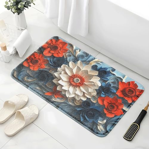 Badematte 40X60Cm Rote Und Weiße Blumen Mikrofaser Badvorleger Fußmatte Badteppich Super Saugfähig Badezimmerteppich,Badematte rutschfest Waschbar,Badteppich Für Dusche Badewannen von Guoshuai