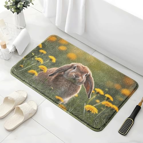 Badematte rutschfest 50X80Cm Kaninchen Und Blumen Eckig Mikrofaser Badematte,Badezimmerteppich Absorbent Weicher Badteppich, Dichter Hochflor,Washable for Bathroom,Fußmatte, Haustiermatte von Guoshuai