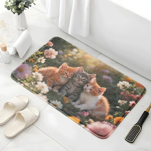 Badematte rutschfest 50X80Cm Katzen Und Blumen Eckig Mikrofaser Badematte,Badezimmerteppich Absorbent Weicher Badteppich, Dichter Hochflor,Washable for Bathroom,Fußmatte, Haustiermatte von Guoshuai