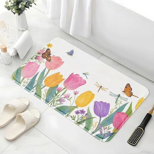 Badematte rutschfest 50X80Cm Lila Blumen Eckig Mikrofaser Badematte,Badezimmerteppich Absorbent Weicher Badteppich, Dichter Hochflor,Washable for Bathroom,Fußmatte, Haustiermatte von Guoshuai