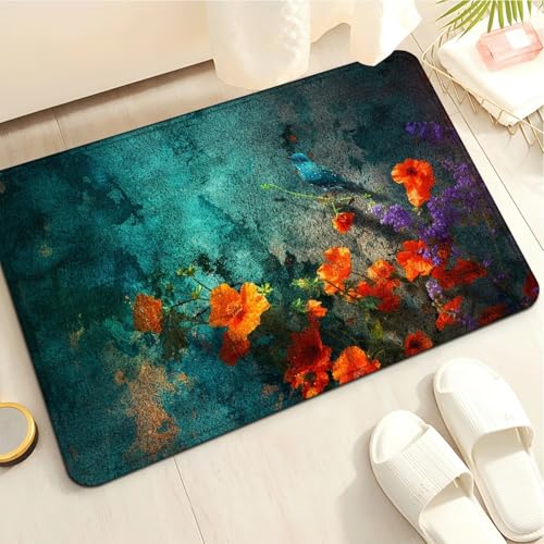 Badematte rutschfest 50X80Cm Lila Orange Blumen Eckig Mikrofaser Badematte,Badezimmerteppich Absorbent Weicher Badteppich, Dichter Hochflor,Washable for Bathroom,Fußmatte, Haustiermatte von Guoshuai