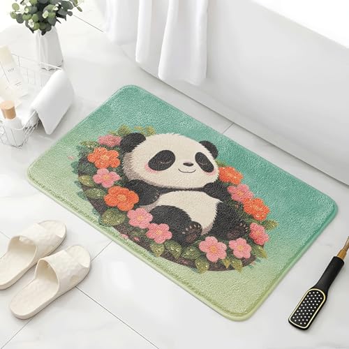 Badematte rutschfest 50X80Cm Panda Blume Eckig Mikrofaser Badematte,Badezimmerteppich Absorbent Weicher Badteppich, Dichter Hochflor,Washable for Bathroom,Fußmatte, Haustiermatte von Guoshuai