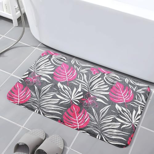 Badematte rutschfest 50X80Cm Pink Blätter Eckig Mikrofaser Badematte,Badezimmerteppich Absorbent Weicher Badteppich, Dichter Hochflor,Washable for Bathroom,Fußmatte, Haustiermatte von Guoshuai