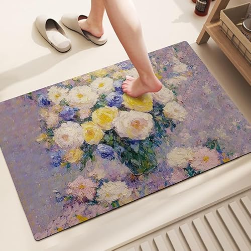 Badezimmerteppich 40X60Cm Lila Gelbe Blüten Duschvorleger Badematte Deko Küchenteppich Duschmatte rutschfest Waschbar Badteppich Badvorleger Kieselgur Dusche rutschfest von Guoshuai