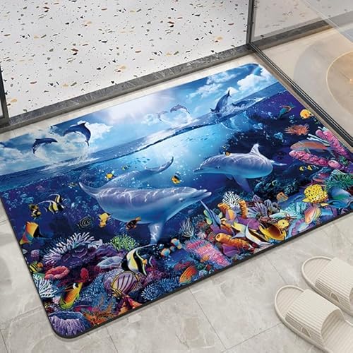 Badezimmerteppich 50X80Cm Delphin Duschvorleger Badematte Deko Küchenteppich Duschmatte rutschfest Waschbar Badteppich Badvorleger Kieselgur Dusche rutschfest von Guoshuai