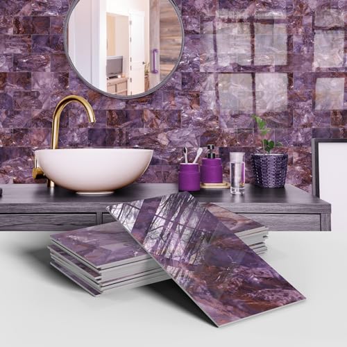 Fliesen Selbstklebend Küche 10X20Cm Lila Muster Selbstklebende Fliesenaufkleber Aus Vinyl,Diy Fliesenfolie Für Badezimmer，Wasserdicht Selbstklebende Treppenaufkleber（32Pcs） von Guoshuai