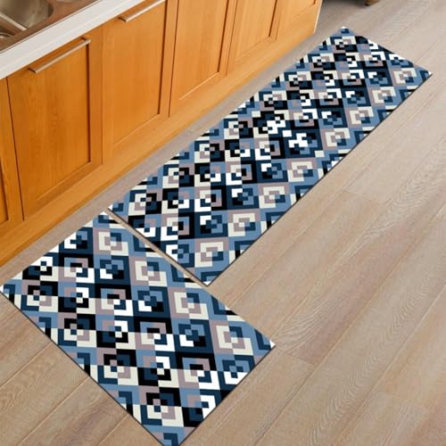 Küchenteppich 50X160Cm Blau Schwarz Teppich Küche Waschbar rutschfest Ölbeständig,Gummirücken PVC Küchenläufer,Bequemes Stehen,Für Esszimmer, Küche, Läufer Flur von Guoshuai
