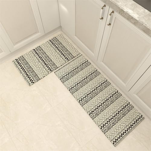 Küchenteppich 50X80Cm+50X160Cm Schwarz Beige Teppich Küche Waschbar rutschfest Ölbeständig,Gummirücken PVC Küchenläufer,Bequemes Stehen,Für Esszimmer, Küche, Läufer Flur von Guoshuai