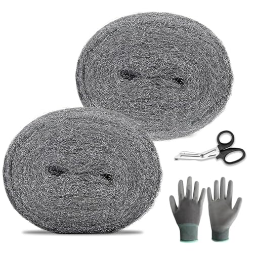 Guoxintech Stahldraht Wolle Mäuse, 0000 Stahl Grobdraht Wolle Lücken Blocker mit Arbeitshandschuhen und Schere, Draht Nager Kontrolle DIY Füllen Löcher Stoff Kit (2 Pack x 3m) von Guoxintech