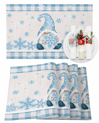 Weihnachtliche Platzsets Set mit 6 blauen Schneeflocken, Zwerg, Weihnachts-Tischsets für Esstisch, Büffelkariert, Tischmatte, Winterurlaub, Zuhause, Party, Küche, Tischdekorationen von Guozhida
