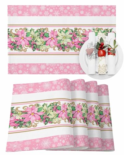 Weihnachtliche Platzsets Set mit 6 rosa Weihnachtsstern, Beeren, Schneeflocken, Weihnachtsplatten für Esstisch, Tischmatte, Winterurlaub, Zuhause, Party, Küche, Tischdekorationen von Guozhida
