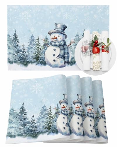 Weihnachtliche Tischsets Set mit 6 Schneemann-blauen Weihnachtsplatten für Esstisch, Kiefernbaum, Wald, Schneeflocke, Tischmatte, Winterurlaub, Zuhause, Party, Küche, Tischdekorationen von Guozhida