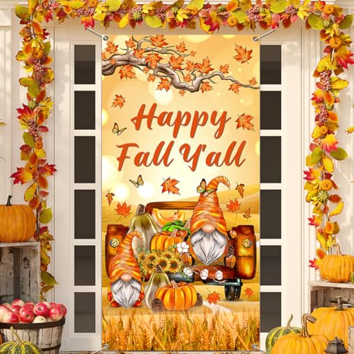Herbstdekorationen – Happy Fall Y'all Türabdeckung Herbst Thanksgiving Türbanner Thanksgiving Zwerg Kürbis Banner Foto Hintergrund für Happy Fall Y'all Harvest Party Supplies,Herbstdekorationen von Gupesxu