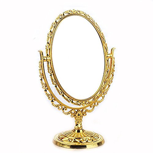 Guppy Schminkspiegel im antiken Vintage-Stil, zweiseitig, drehbar, oval, mit geprägter hohler Blume, glänzender Sockel (Gold) von Guppy