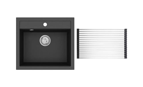 GURARI Küchenspüle SQQ100-601 W+ RM-2845 (2 St), Einbau Granitspüle Schwarz metallic +Aufrollbare Abtropfmatte von Gurari