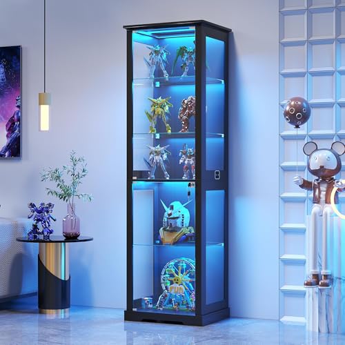 Gurexl 180 cm Glasvitrine mit LED Beleuchtung und Intelligente Sensorik,Eckvitrine mit Abschließbare Glastüren,5 Ebenen Vitrinenschrank mit Verstellbare Einlegeböden Für Curio,Schlafzimmer,Schwarz von Gurexl