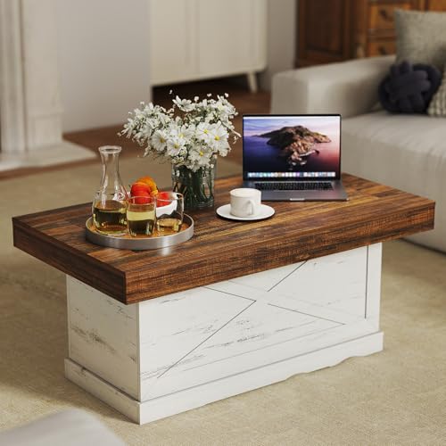 Gurexl Couchtisch Rustikaler mit X-Design für Wohnzimmer Spleißen Weiß,Holz Sofatisch klein mit Retro Brauner Desktop für Schlafzimmer,Wohnung,Persönliches Büro,Einfache Montage,110 x 55 x 46 cm von Gurexl