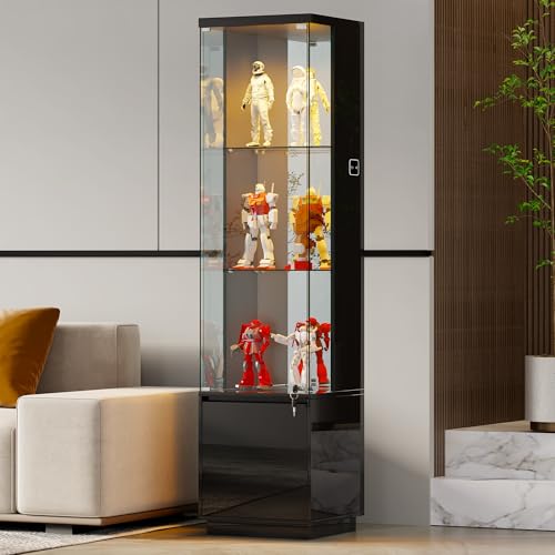 Gurexl Glasvitrine Buffetschrank Sideboard, Glasvitrine Stehend mit Dreifarbig LED Beleuchtung und Körpersensor-System,Abschließbare Glastüren,für Sammlerstücke,Bücher, Wohnzimmer, Küche,Schwarz von Gurexl