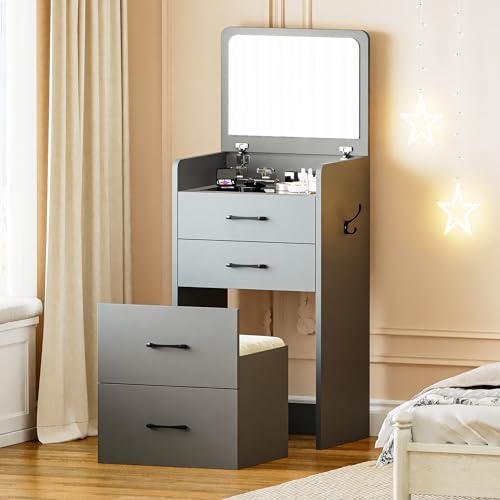 Gurexl Kleiner Schminktisch mit Spiegel, 3 in 1 Dressing Table mit Hocker, 3 Schubladen gepolstertes Werkzeug, fürSchlafzimmer mit Stuhl Frisierkommode Grau von Gurexl