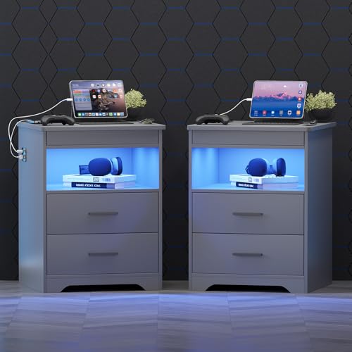 Gurexl LED Nachtschrank 2er Set mit 3 Licht Dimmbar, Smart Nachttisch mit Ladefunktion, Abschließbare Schubladen Sideboard mit 3 Schubladen USB Type-C Wohnzimmer Grau von Gurexl