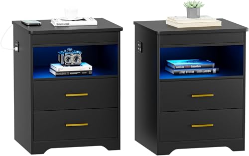 Gurexl LED Nachtschrank mit 3 Licht Dimmbar, Smart Nachttisch 2er Set mit Ladefunktion, Sideboard mit Abschließbare Schubladen USB Type-C Wohnzimmer (Schwarz) von Gurexl