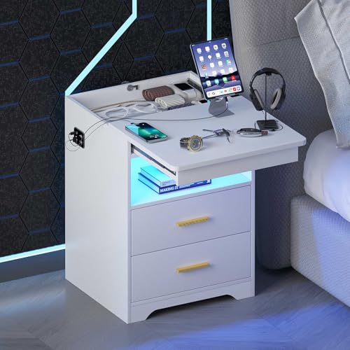 Gurexl LED Nachtschrank mit 3 Licht Dimmbar, Smart Nachttisch mit Ladefunktion, Abschließbare Schubladen Sideboard mit 3 Schubladen USB Type-C Weiß Wohnzimmer von Gurexl