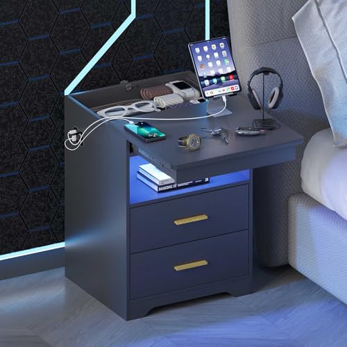 Gurexl LED Nachttisch mit Ladefunktion, Smart Nachtschrank mit Versteckte Schublade, Nachttische mit mit 3 Licht Dimmbar Abschließbare Schubladen USB Type-C Wohnzimmer Schwarz Gurexl LED Nachttisch mit Ladefunktion, Smart Nachtschrank mit Versteckte Schublade, Nachttische mit mit 3 Licht Dimmbar Abschließbare Schubladen USB Type-C Wohnzimmer Schwarz von Gurexl