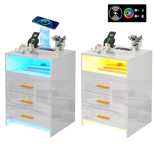 Gurexl LED Nachttisch 2er Set mit 24 Farbe RGB Licht，Beistelltisch 3 Schubladen & 1 geheimfach，Smart schubladenschrank mit USB Ladefunktion & Kabelloses Laden， Bedside Table weiß Hochglanz von Gurexl