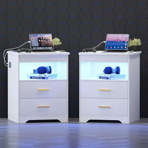 Gurexl LED Nachttisch 2er Set mit Ladefunktion, Nachtschrank mit 3 Licht Dimmbar, Abschließbare Schubladen Sideboard mit 3 Schubladen USB Type-C Weiß Wohnzimmer von Gurexl