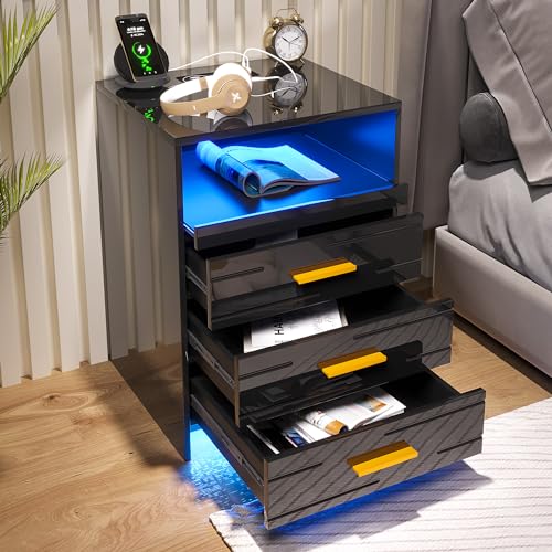 Gurexl LED Nachttisch mit 24 Farbe RGB Licht，Beistelltisch 3 Schubladen，Smart schubladenschrank mit USB Ladefunktion & Kabelloses Laden， Nachtschrank mit geheimfach， Bedside Table Schwarz Hochglanz von Gurexl