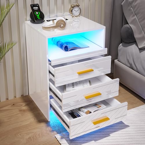 Gurexl LED Nachttisch mit 24 Farbe RGB Licht，Beistelltisch 3 Schubladen，Smart schubladenschrank mit USB Ladefunktion & Kabelloses Laden， Nachtschrank mit geheimfach， Bedside Table weiß Hochglanz von Gurexl