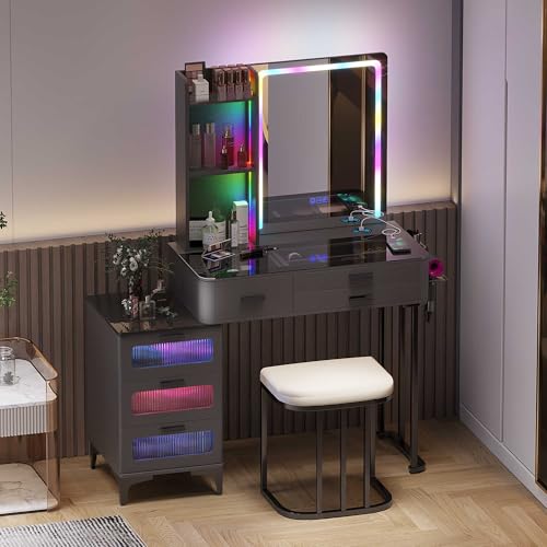 Gurexl LED Schminktisch mit Spiegel, RGB Schminktisch mit Hocker Beleuchtung Schubladen Glasplatte 6 Schubladen, Haartrocknerständer USB Type-C Grau von Gurexl