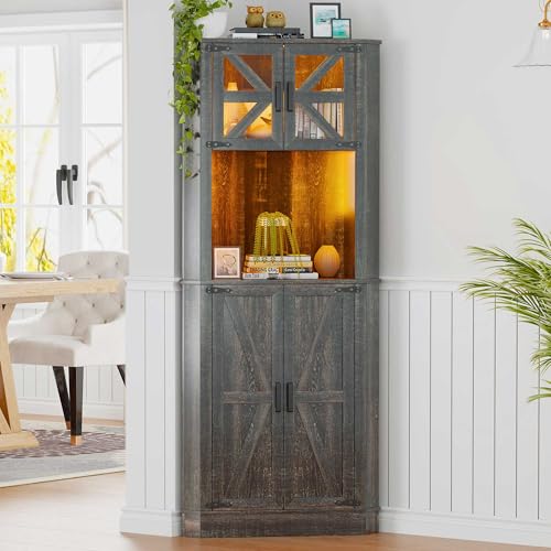 Gurexl LED Sideboard Eckschrank Buffetschrank, Landhausstil küchenschrank Mit Kabelloser Ladestation, Smart Mehrzweckschrank Wohnzimmer Dimmbares RGB 20 Farben von Gurexl