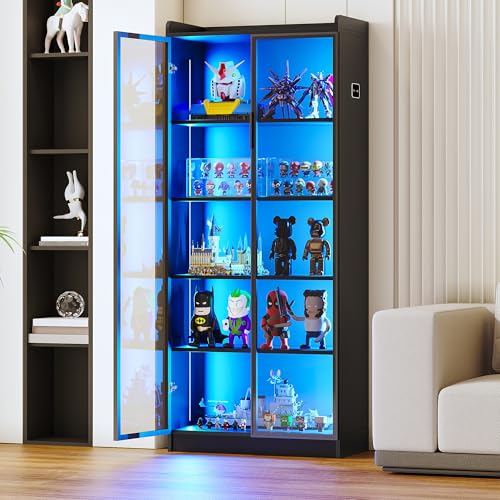 Gurexl Vitrine mit LED Beleuchtung und Intelligente Sensorik für Kuriositäten,Vitrinenschrank mit 5 Höhenverstellbaren Böden und Acryltür für Wohnzimmer,Persönliches Büro,Studie,Schätze,Schwarz von Gurexl