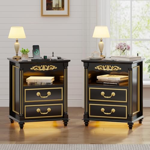 Gurexl Led Nachtschrank 2er Set mit Beleuchtung, Retro Nachttisch landhausstil mit Ladefunktion mit 3 Licht Dimmbar, Intelligent Sideboard mit 2 Schubladen USB Type-C Schlafzimmer Schwarz von Gurexl