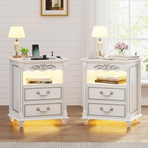 Gurexl Led Nachtschrank 2er Set mit Beleuchtung, Retro Nachttisch landhausstil mit Ladefunktion mit 3 Licht Dimmbar, Intelligent Sideboard mit 2 Schubladen USB Type-C Schlafzimmer Weiß von Gurexl