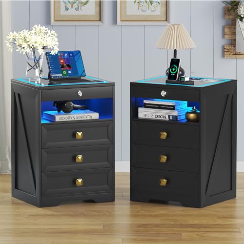 Gurexl Led Nachtschrank 2er Set mit Beleuchtung, Smart Nachttisch mit Ladefunktion, RGB 3 Licht Dimmbar, Intelligent Sideboard mit 4 Schubladen USB Type-C Mit Schloss Schlafzimmer Wohnzimmer Schwarz Gurexl Led Nachtschrank 2er Set mit Beleuchtung, Smart Nachttisch mit Ladefunktion, RGB 3 Licht Dimmbar, Intelligent Sideboard mit 4 Schubladen USB Type-C Mit Schloss Schlafzimmer Wohnzimmer Schwarz von Gurexl