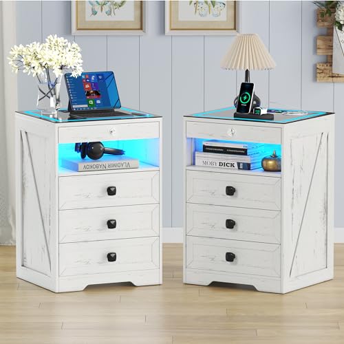 Gurexl Led Nachtschrank 2er Set mit Beleuchtung, Smart Nachttisch mit Ladefunktion, RGB 24 Licht Dimmbar, Intelligent Sideboard mit 4 Schubladen USB Type-C Mit Schloss Schlafzimmer Wohnzimmer Weiß Gurexl Led Nachtschrank 2er Set mit Beleuchtung, Smart Nachttisch mit Ladefunktion, RGB 24 Licht Dimmbar, Intelligent Sideboard mit 4 Schubladen USB Type-C Mit Schloss Schlafzimmer Wohnzimmer Weiß von Gurexl