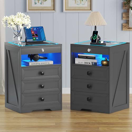 Gurexl Led Nachttisch 2er Set mit Beleuchtung, Smart Nachtschrank mit Ladefunktion, RGB 3 Licht Dimmbar, Intelligent Sideboard mit 4 Schubladen USB Type-C Mit Schloss Schlafzimmer Grau von Gurexl