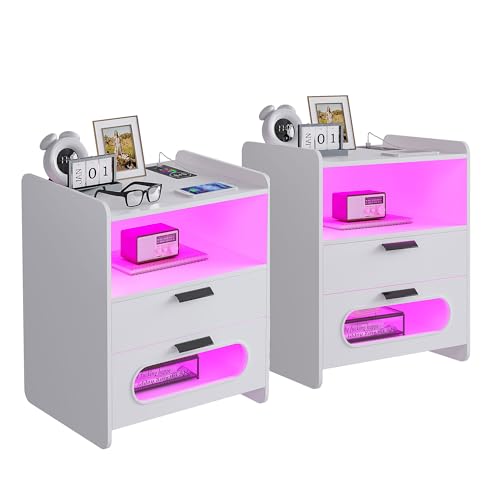 Gurexl Led Nachttisch Set of 2 mit Ladefunktion, Smart Nachtschrank mit 24 Licht Dimmbar, Hochglanz Sideboard mit 2 Schubladen USB Type-C Automatischer Sensor Schlafzimmer Weiß Gurexl Led Nachttisch Set of 2 mit Ladefunktion, Smart Nachtschrank mit 24 Licht Dimmbar, Hochglanz Sideboard mit 2 Schubladen USB Type-C Automatischer Sensor Schlafzimmer Weiß von Gurexl
