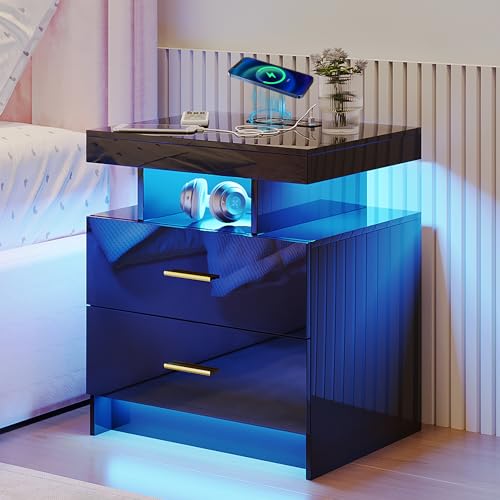 Gurexl Led Nachttisch mit Ladefunktion,Smart Nachtschrank mit 3 Licht Dimmbar, Hochglanz Sideboard mit 2 Schubladen USB Type-C Automatischer Sensor Schlafzimmer Schwarz Gurexl Led Nachttisch mit Ladefunktion,Smart Nachtschrank mit 3 Licht Dimmbar, Hochglanz Sideboard mit 2 Schubladen USB Type-C Automatischer Sensor Schlafzimmer Schwarz von Gurexl