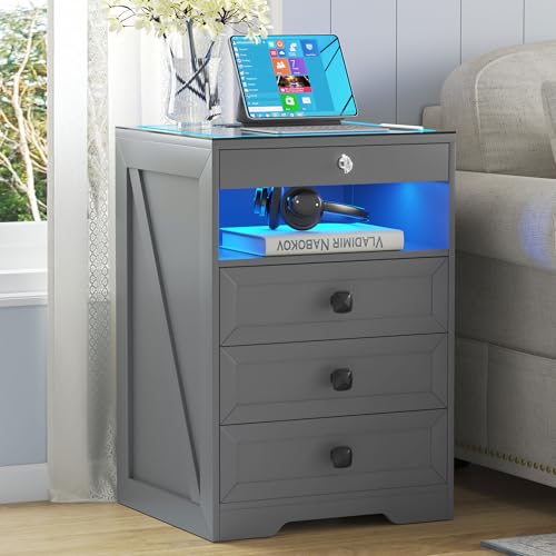 Gurexl Led Nachttisch mit Ladefunktion,Smart Nachtschrank mit 3 Licht Dimmbar, Intelligent Sideboard mit 4 Schubladen USB Type-C Mit Schloss Schlafzimmer Grau von Gurexl